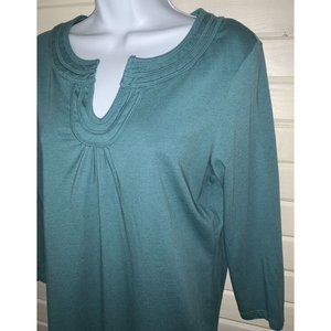 Talbots Sz PETITES LARGE PL Green Cotton Modal Shirt Tunic Split Neck EUC